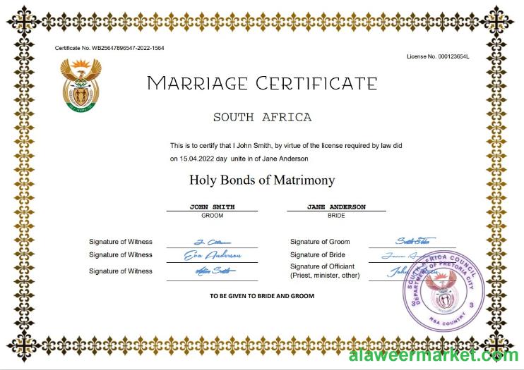 South Africa marriage certificate Word and PDF template